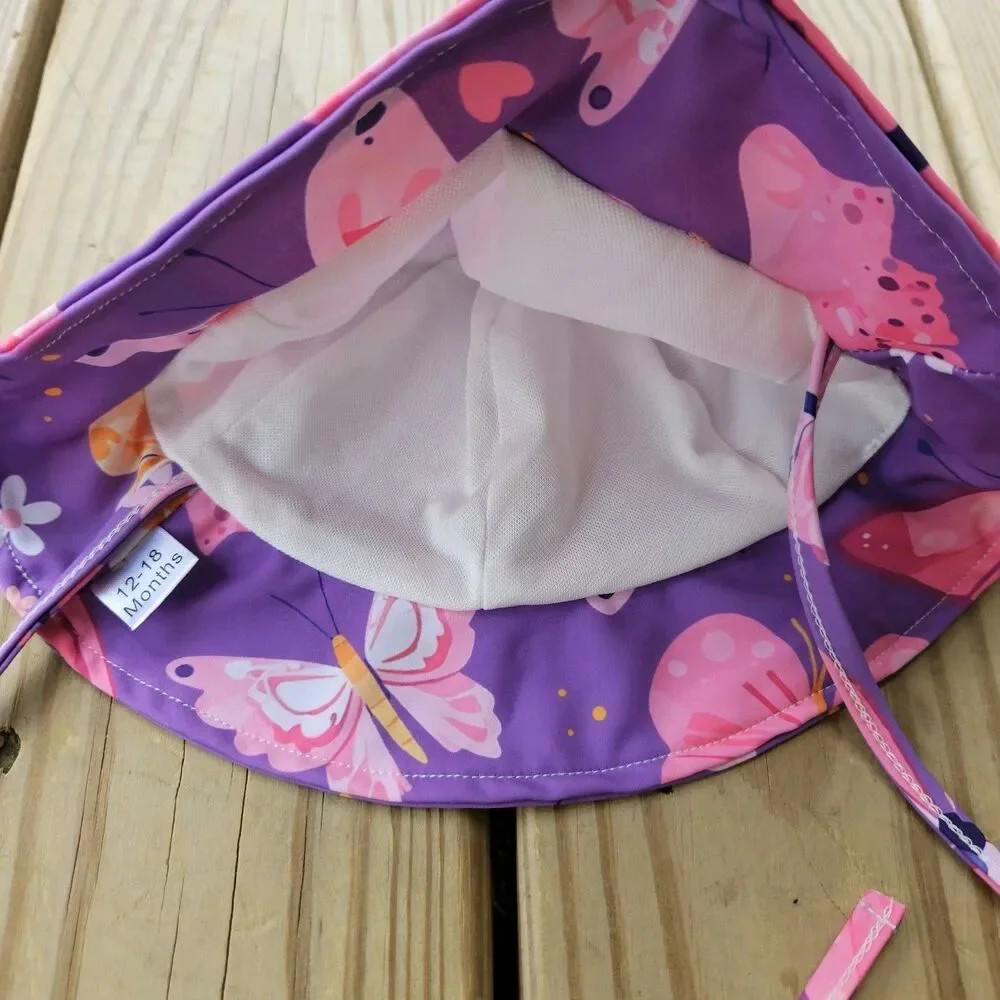 Baby Girl Butterfly Print One Piece Swimsuit & Hat Set 12-18M Ruffle Purple